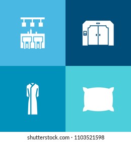 Modern, simple vector icon set on colorful background with black, bedroom, comfortable, soft, style, graphic, cotton, elegance, up, fabric, home, silhouette, bed, elevator, fashion, information icons