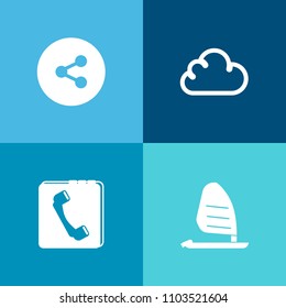Modern, simple vector icon set on colorful background with cloud, telephone, connection, action, network, active, weather, address, wind, sail, board, ocean, surfer, sea, share, man, sign, sky icons