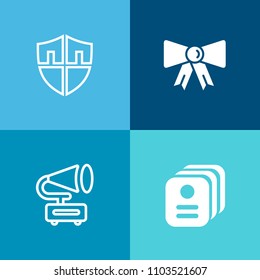 Modern, simple vector icon set on colorful background with song, card, vintage, man, antique, necktie, security, play, identification, elegance, protect, business, disc, secure, record, safety icons