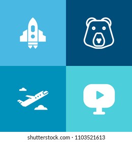 Modern, simple vector icon set on colorful background with video, predator, big, nature, transport, web, wild, trip, button, departure, transportation, spaceship, brown, rocket, mammal, travel icons