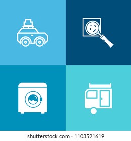 Modern, simple vector icon set on colorful background with road, machine, baggage, find, vacation, camp, trip, transport, clothes, car, travel, vehicle, housework, appliance, search, view, focus icons