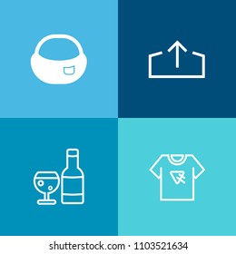Modern, simple vector icon set on colorful background with typography, red, clothing, restaurant, alcohol, wineglass, winery, internet, baggage, website, shirt, bag, beverage, poster, fashion icons
