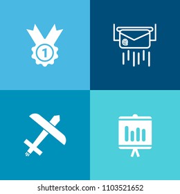 Modern, simple vector icon set on colorful background with template, send, champion, flight, postal, achievement, aircraft, fly, correspondence, report, diagram, plane, envelope, message, post icons