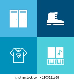 Modern, simple vector icon set on colorful background with home, poster, leather, wear, print, clef, exit, cool, walking, sign, musical, note, door, boot, foot, architecture, graphic, style, key icons