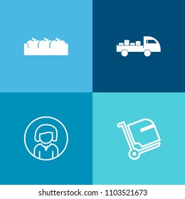 Modern, simple vector icon set on colorful background with lady, crate, healthy, young, sign, woman, shipping, red, delivery, portrait, natural, baggage, transport, truck, beauty, van, vehicle icons