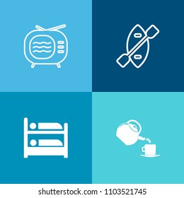 Modern, simple vector icon set on colorful background with travel, kayak, oar, cup, hostel, retro, motel, television, tv, water, wooden, broadcast, antenna, pictogram, marine, restaurant, hotel icons