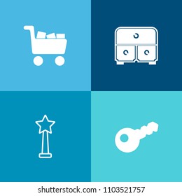 Modern, simple vector icon set on colorful background with storage, house, ribbon, star, office, emblem, prize, market, success, web, basket, store, sale, business, lock, close, document, retail icons