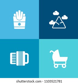 Modern, simple vector icon set on colorful background with top, junk, snow, pram, fast, panorama, kid, music, wheel, blue, art, lunch, baby, nature, scenic, food, landscape, mountain, musical icons