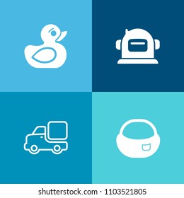 Modern, simple vector icon set on colorful background with transport, white, rubber, toy, water, helmet, astronaut, science, backpack, education, pilot, spaceman, haversack, school, object, cute icons