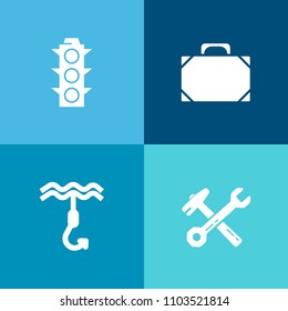 Modern, simple vector icon set on colorful background with green, style, handbag, warning, screwdriver, lamp, repair, light, stop, fishing, fashion, control, work, equipment, urban, fish, road icons