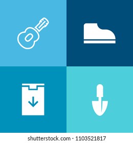 Modern, simple vector icon set on colorful background with concert, technology, foot, style, electric, musical, silhouette, spade, white, tool, handle, internet, fashion, construction, sport icons