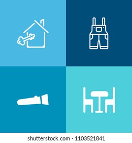 Modern, simple vector icon set on colorful background with key, mortgage, male, buy, men, pants, wear, flashlight, clothing, real, energy, office, bright, agent, jacket, estate, sale, furniture icons