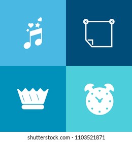 Modern, simple vector icon set on colorful background with king, royal, empty, paper, post, sound, time, princess, office, hour, alarm, treble, clef, note, melody, reminder, stick, minute, key icons