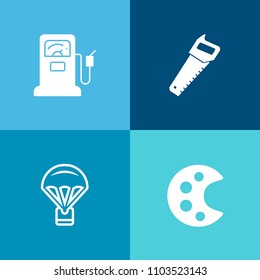 Modern, simple vector icon set on colorful background with fuel, blade, petrol, tank, transport, steel, work, saw, artist, sport, carpentry, parachuting, pump, skydiver, air, tool, energy, jump icons