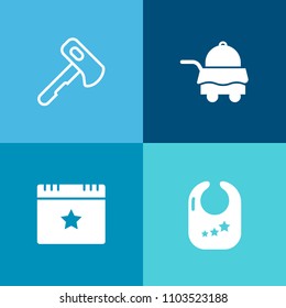 Modern, simple vector icon set on colorful background with tool, orange, tray, breakfast, baby, hotel, work, infant, bedroom, party, food, kid, rattle, beverage, hammer, morning, star, bed, axe icons