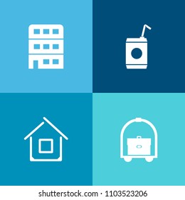 Modern, simple vector icon set on colorful background with property, sweet, room, summer, fresh, structure, luggage, tourism, soft, service, city, estate, residential, architecture, ice, cold icons