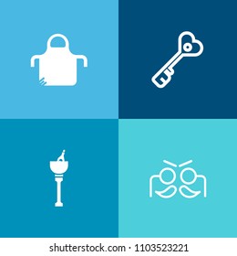 Modern, simple vector icon set on colorful background with colorful, kitchen, unlock, festival, party, apron, home, security, masquerade, champagne, sign, bottle, accessory, wine, poster, baker icons