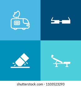 Modern, simple vector icon set on colorful background with glasses, device, technology, broadcasting, healthy, rubber, sign, eraser, seat, school, education, concept, media, smart, drawing, dish icons