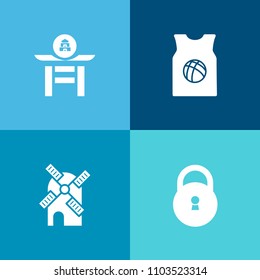 Modern, simple vector icon set on colorful background with nature, sport, power, safe, security, uniform, japanese, password, rhythm, fashion, energy, safety, musical, ball, electricity, asian icons