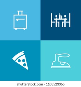 Modern, simple vector icon set on colorful background with board, tour, fast, pizza, housekeeping, housework, household, suitcase, case, cheese, restaurant, background, work, luggage, journey icons