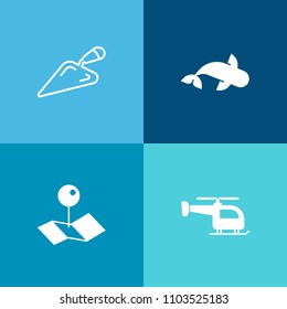 Modern, simple vector icon set on colorful background with fresh, chopper, screwdriver, travel, instrument, sign, equipment, marker, drill, helicopter, white, aviation, flight, direction, place icons