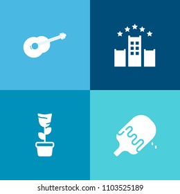 Modern, simple vector icon set on colorful background with pot, strawberry, instrument, music, luggage, vanilla, chocolate, green, cone, ice, summer, guitar, ice-cream, musical, dessert, tasty icons