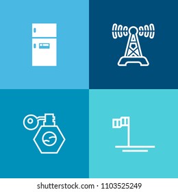 Modern, simple vector icon set on colorful background with station, liquid, fridge, door, broadcasting, beauty, baja, green, open, domestic, communication, radio, bottle, view, refrigerator, dj icons