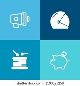 Modern, simple vector icon set on colorful background with audio, currency, object, megaphone, biker, loudspeaker, cash, financial, banking, bank, race, helmet, message, announce, music, road icons