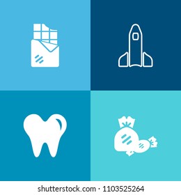 Modern, simple vector icon set on colorful background with shuttle, dentistry, candy, lollipop, care, bar, snack, striped, mouth, mission, cocoa, colorful, astronaut, spaceship, flight, travel icons