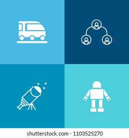Modern, simple vector icon set on colorful background with leadership, teamwork, transportation, human, tram, car, people, galaxy, rail, team, bus, structure, cyborg, hierarchy, dark, sky, van icons