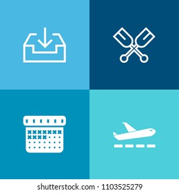 Modern, simple vector icon set on colorful background with website, wooden, interface, water, oar, navigation, paddle, download, technology, marine, canoe, time, airplane, departure, kayak, fly icons