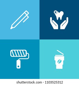 Modern, simple vector icon set on colorful background with paint, cappuccino, drink, hand, female, oral, holding, roller, dentist, dental, broken, school, healthy, paper, drawing, painter, cafe icons
