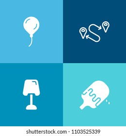 Modern, simple vector icon set on colorful background with furniture, party, sweet, place, cone, happy, summer, navigation, modern, fun, direction, marker, food, birthday, celebrate, pin, helium icons