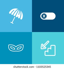 Modern, simple vector icon set on colorful background with object, white, mask, rain, deactivate, masquerade, walk, protection, carnival, button, switch, season, home, beach, parasol, off, party icons