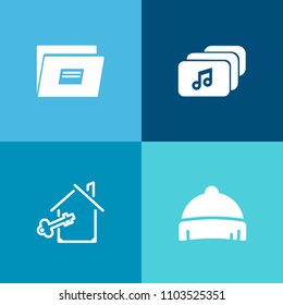Modern, simple vector icon set on colorful background with page, style, estate, fashion, loan, cap, message, hat, sport, format, document, house, head, element, sale, music, sign, real, video icons