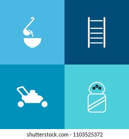 Modern, simple vector icon set on colorful background with salt, mineral, sea, up, bowl, mover, white, kitchen, vegetable, healthy, gardening, lawn, equipment, spice, soup, meal, cut, step, bath icons