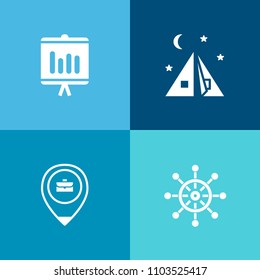 Modern, simple vector icon set on colorful background with person, graph, work, landscape, nature, business, background, job, location, data, vacation, marine, sea, annual, mountain, leisure icons