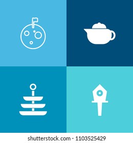 Modern, simple vector icon set on colorful background with home, moon, science, garden, kitchen, summer, nest, tea, restaurant, breakfast, bird, white, cup, astronaut, birdhouse, flag, planet icons