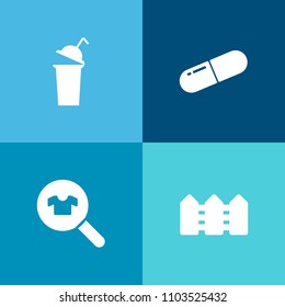 Modern, simple vector icon set on colorful background with object, store, capsule, searching, food, pharmacy, beverage, graphic, picket, shopping, vitamin, barrier, female, clothing, antibiotic icons