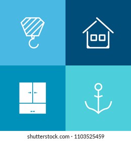 Modern, simple vector icon set on colorful background with property, travel, work, navigation, crane, door, sailboat, boat, exterior, collection, industrial, equipment, sign, black, helm, yacht icons