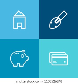 Modern, simple vector icon set on colorful background with economy, architecture, cash, currency, real, debit, investment, account, business, plastic, tool, equipment, graphic, shovel, card, buy icons