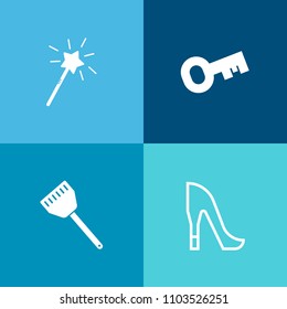 Modern, simple vector icon set on colorful background with security, magic, house, fun, heel, chef, miracle, magician, style, restaurant, black, business, food, wand, fashion, knife, female, key icons