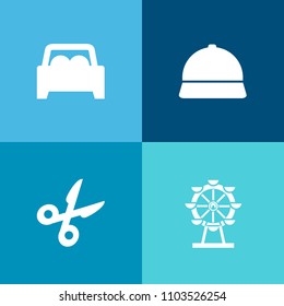 Modern, simple vector icon set on colorful background with silhouette, auto, amusement, white, holiday, automotive, carousel, wheel, vehicle, travel, london, hard, tailor, scissors, uniform, eye icons