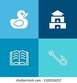 Modern, simple vector icon set on colorful background with ducky, fish, textbook, rod, toy, asian, catch, tourism, literature, white, document, buddhism, ancient, sky, duckling, equipment, bird icons