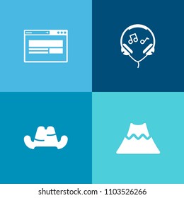 Modern, simple vector icon set on colorful background with modern, sound, ear, headwear, computer, headphone, style, information, mobile, active, website, player, landscape, nature, hat, object icons