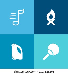 Modern, simple vector icon set on colorful background with tune, flame, melody, closeup, ping-pong, campfire, table, sport, smoke, tourism, graphic, fire, sign, landscape, equipment, ping, song icons