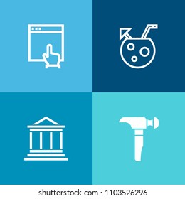 Modern, simple vector icon set on colorful background with finance, collection, hammer, financial, banking, web, party, summer, drill, saw, glass, concept, money, fruit, building, bar, alcohol icons