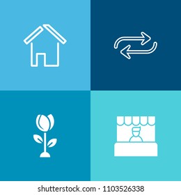 Modern, simple vector icon set on colorful background with food, consumer, construction, property, pink, store, change, summer, exterior, door, flower, house, professional, man, shop, work, home icons