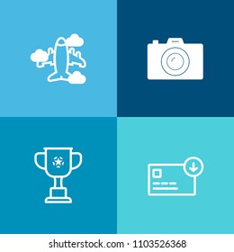 Modern, simple vector icon set on colorful background with cup, travel, flight, winner, sky, bag, wealth, commercial, championship, lens, banking, victory, finance, image, cash, money, fly, film icons