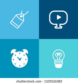 Modern, simple vector icon set on colorful background with music, reminder, shine, morning, player, element, alarm, template, object, vintage, price, play, lightbulb, banner, wake, light, time icons